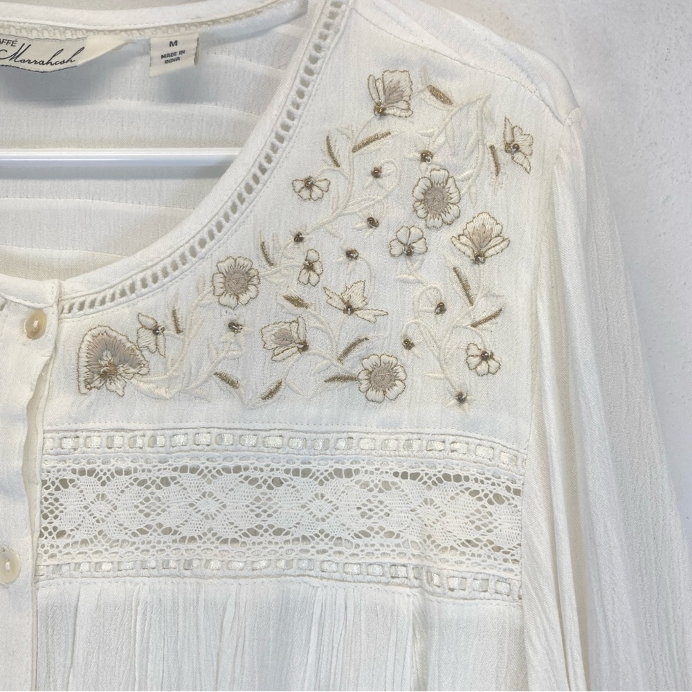 Caffe Marrakesh Top Womens M Button Up Embroidered Ruched Back Long Sleeves - Picture 7 of 16